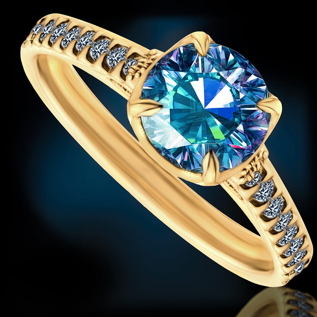 Złoty pierścionek z moissanitami i naturalnym topazem „My love”