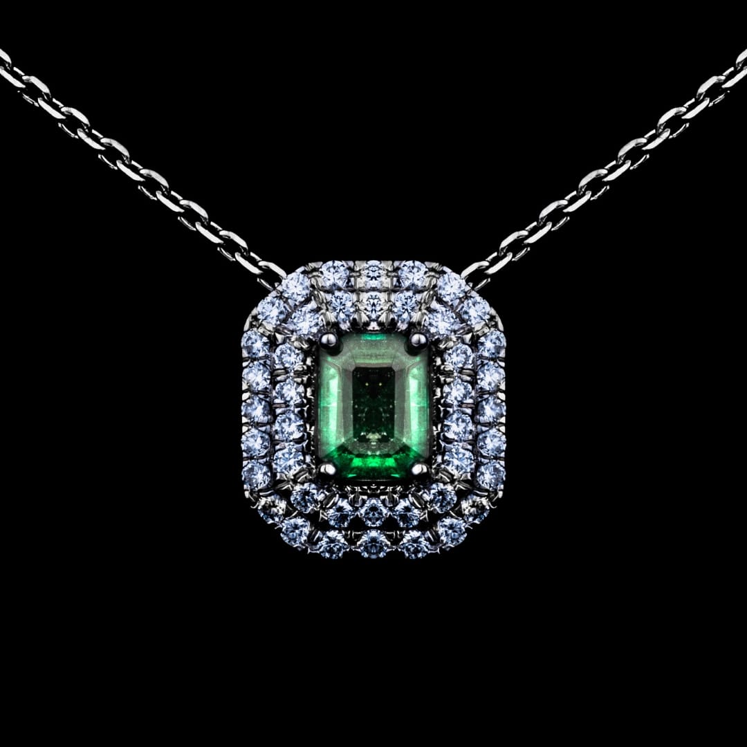 Złoty naszyjnik z naturalnym szmaragdem i diamentami „Afghanistan emerald”