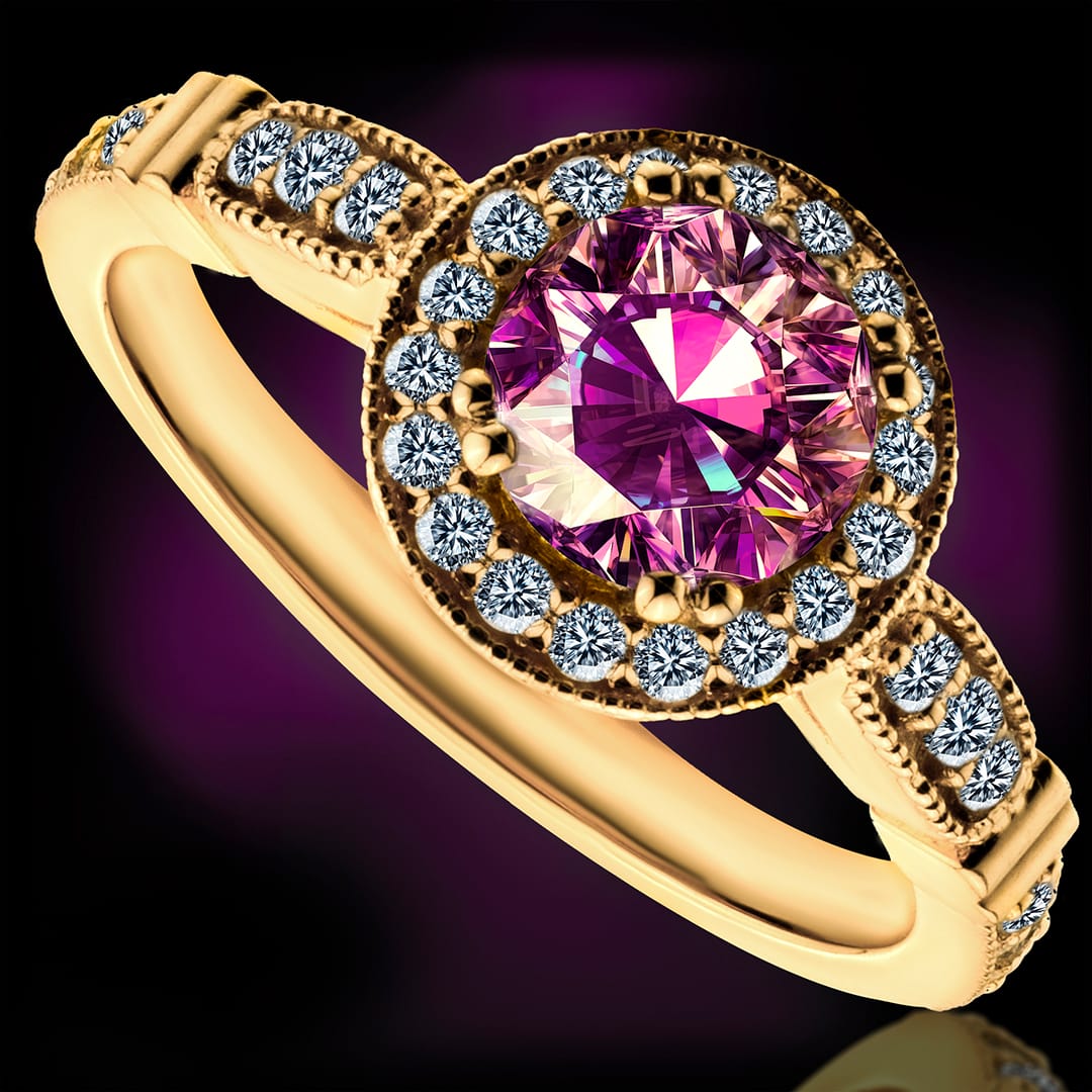 Złoty pierścionek z moissanitami „Pink shadow”