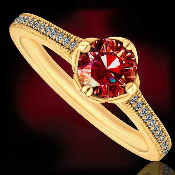 Złoty pierścionek moissanitami i naturalnym granatem "Red love"